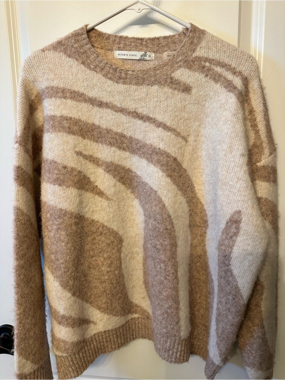 Altar'd State Cream and Tan Abstract Pattern Crewneck Sweater
